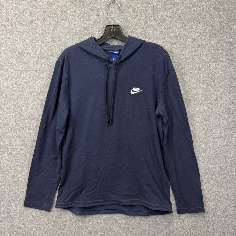 Nike Mens Navy Blue Long Sleeve Hooded T-Shirt Embroidered Logo‎ Size Medium